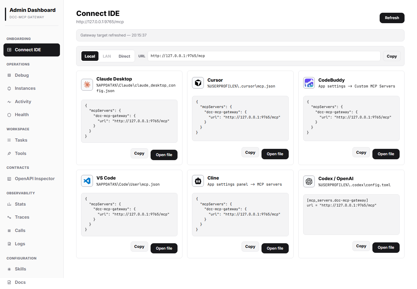Admin Connect IDE panel