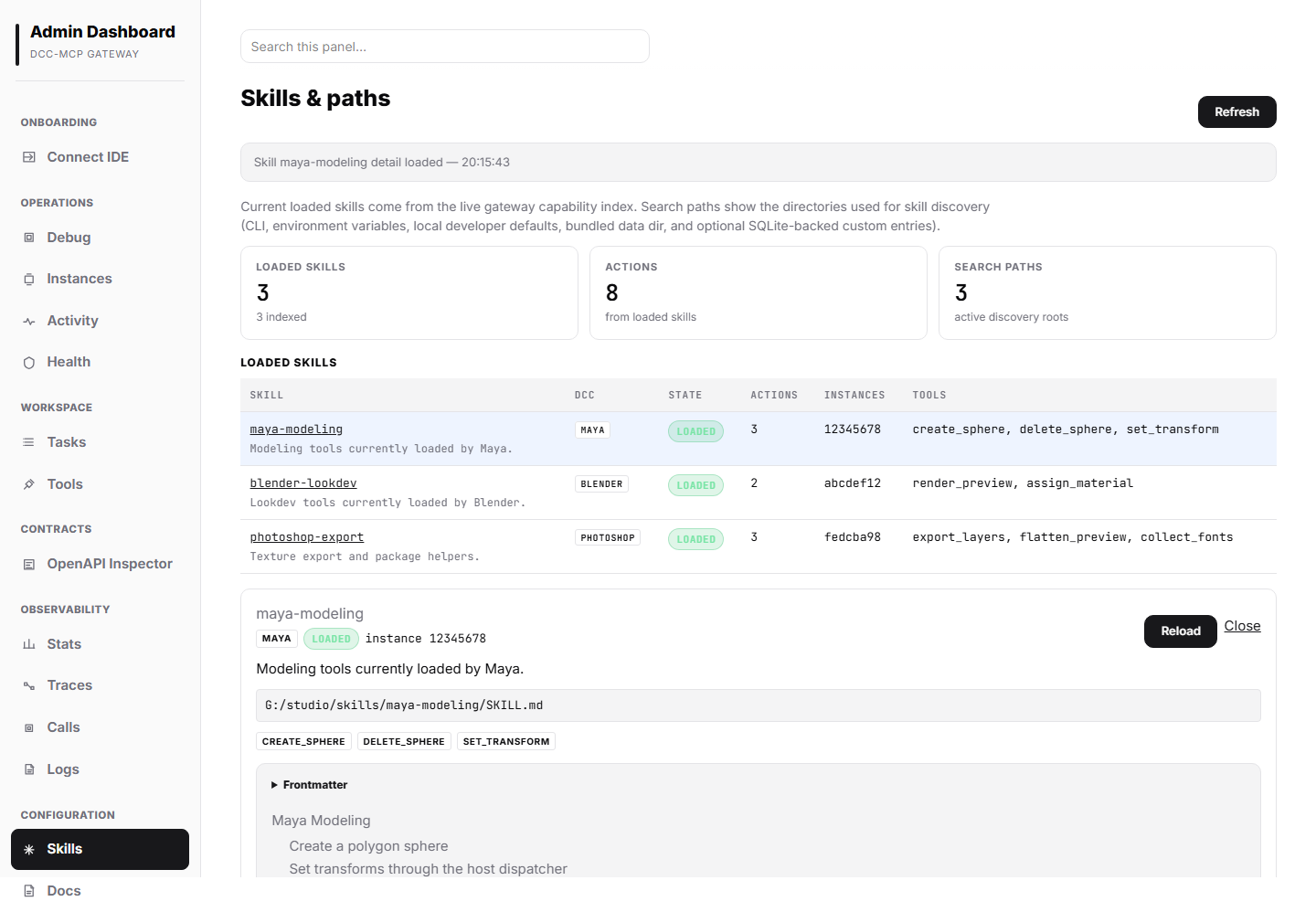 Admin skill markdown detail panel