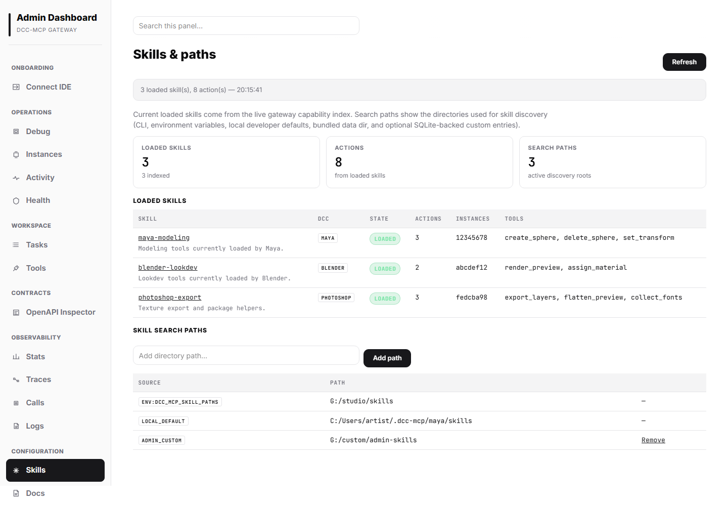 Admin Skills paths panel