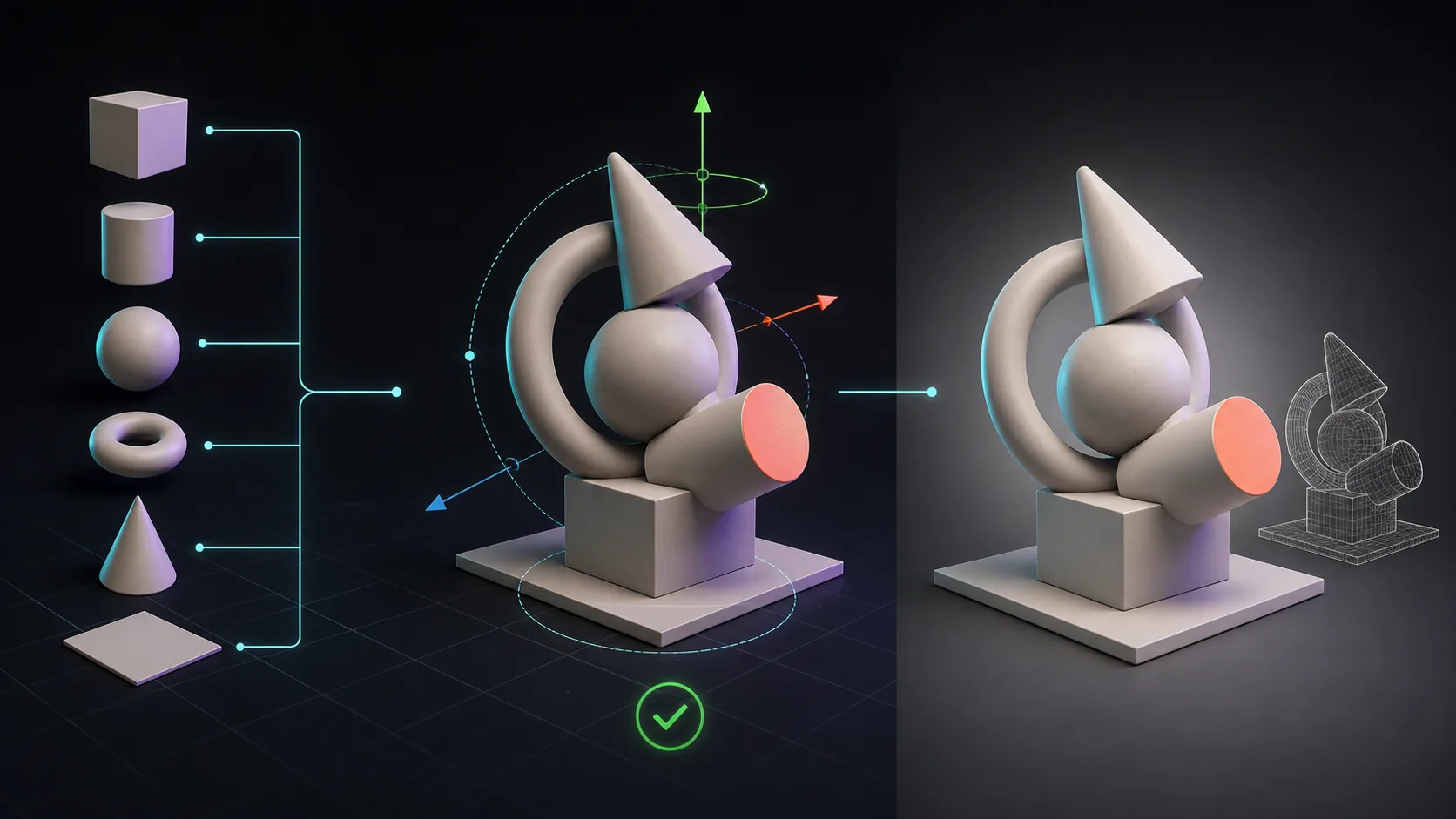 Typed Cinema 4D primitives assembled, validated, and rendered