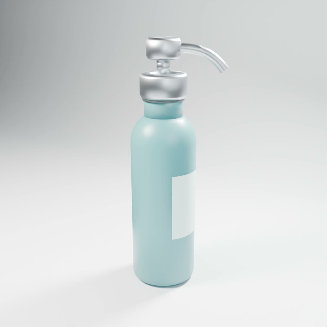 A pale teal pump bottle from the original film; silver pump, stem and collar retain dented reflections