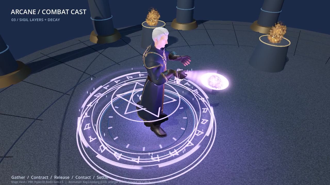 真实 Godot 预览:紫色弹体释放与分层符文法阵