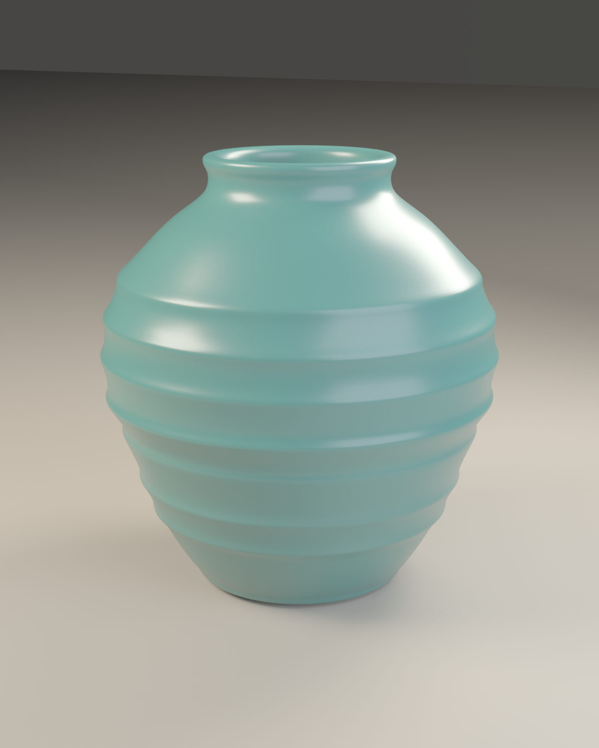 Houdini Mantra 渲染的青釉环纹器皿，具有空心口沿、柔和反射和地面接触阴影