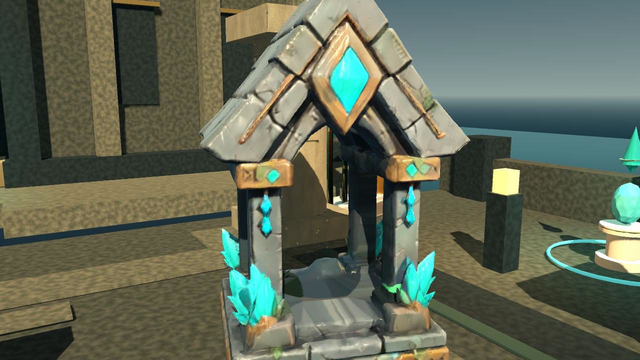 Actual native Godot near view of the repaired shrine