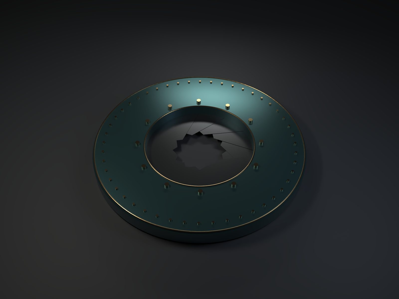 A teal mechanical iris and gold fasteners in an actual Arnold render