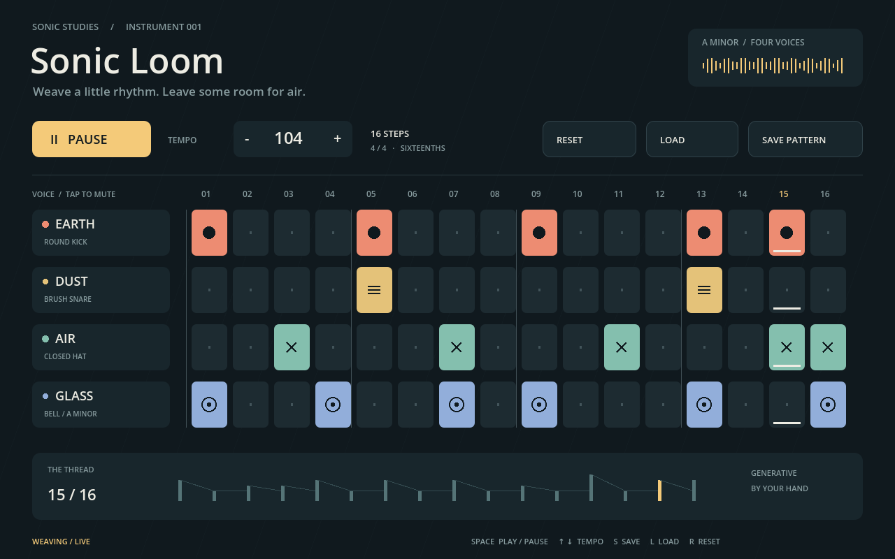 Sonic Loom in a real Godot window, with a dark panel, four colored parts, sixteen-step buttons and a playhead