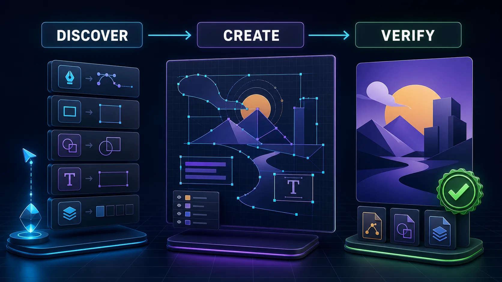 Illustrator documents inspected, edited through typed vector tools, and verified through production exports