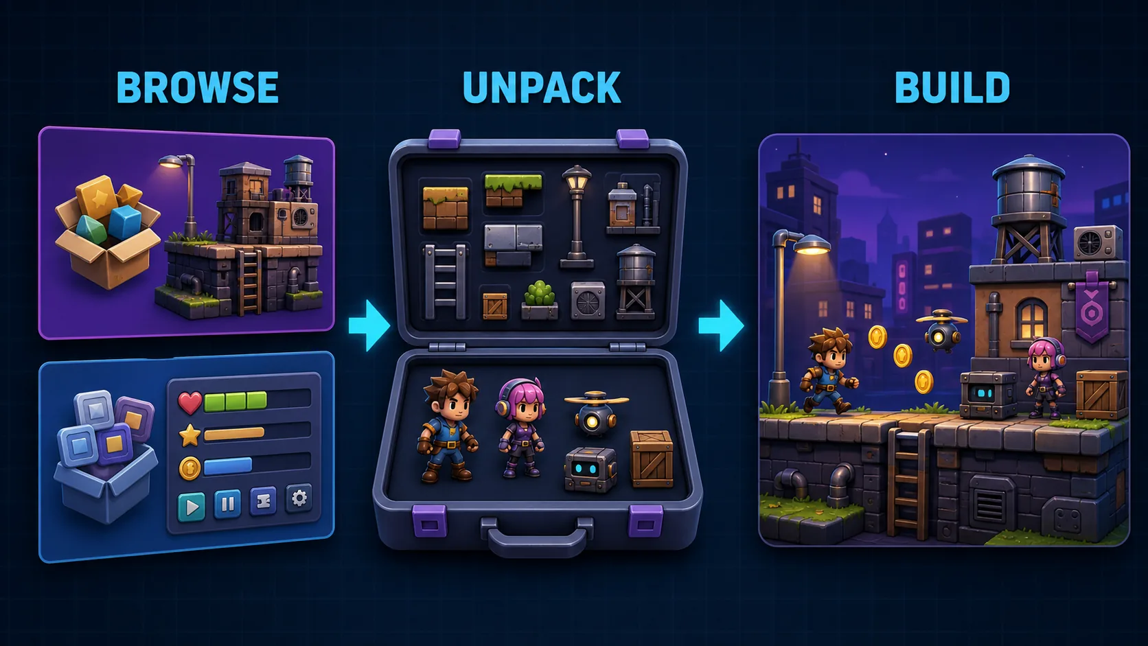 Game asset discovery, unpacking, and level building workflow