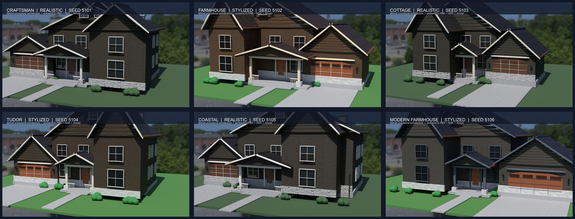 Procedural residential architecture variations rendered in Maya