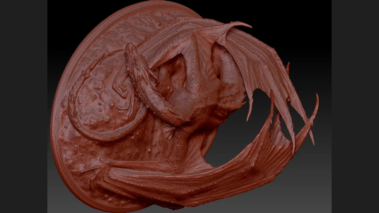 Fantasy Dragon remeshed from five million faces to a 115K PolyFrame mesh in ZBrush